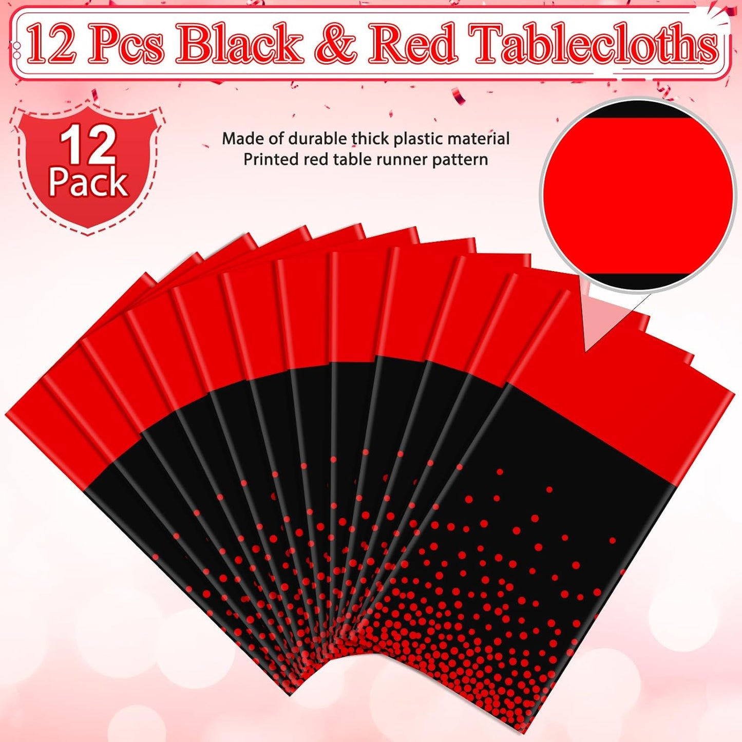 MASHAN 3Pcs Black and Red Tablecloth Party Decorations,Plastic Black Table Cloth Printed Red Table Runner Disposable Rectangle Cover for Birthday Weeding Anniversary Graduation Party,54 x108 Inch