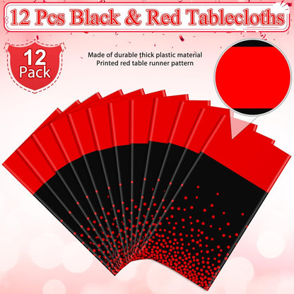 MASHAN 3Pcs Black and Red Tablecloth Party Decorations,Plastic Black Table Cloth Printed Red Table Runner Disposable Rectangle Cover for Birthday Weeding Anniversary Graduation Party,54 x108 Inch