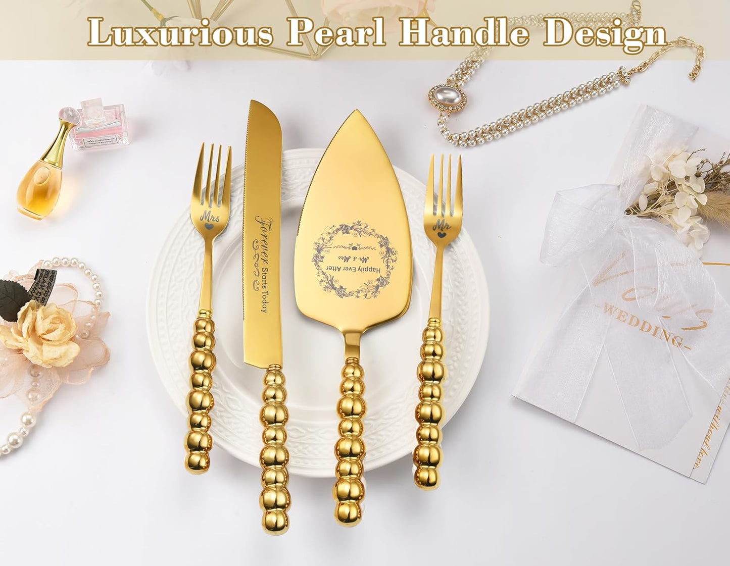 Wedding Cake Knife and Server Set, Gold Ceramic Pearl Handle Cake Cutting Set for Weddings, Engagements, Anniversaries, and Engagement Gifts for Couples
