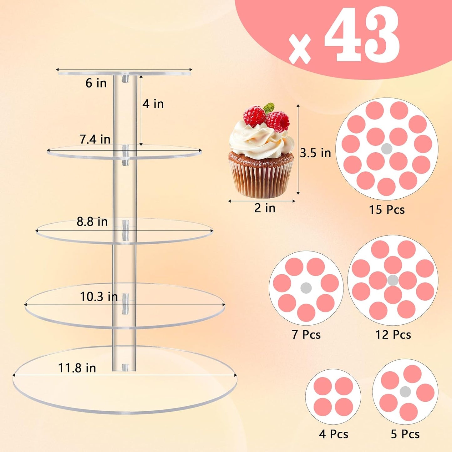 YestBuy Cupcake Stand, 6 Tier Large Cupcake Tower Display, Round Cupcake Holder, Acrylic Dessert Stand, Pastry Display Tree for Party, Wedding, Baby Shower