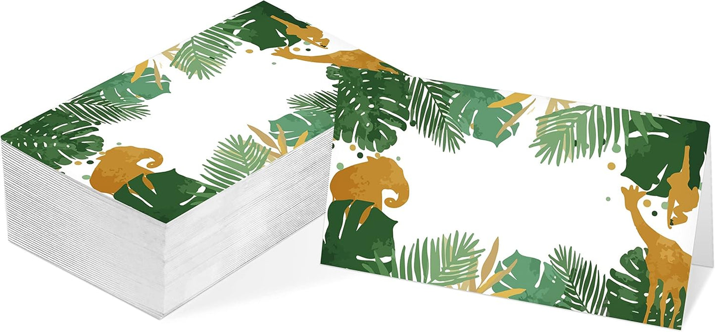 Table Place Card, Jungle Safari Animals Themed Tent Style Cards, Pack of 25 Half-Fold Reception Place Card, Gold Wild Animal Food Labels, Perfect for Baby Shower, Birthday Party C08