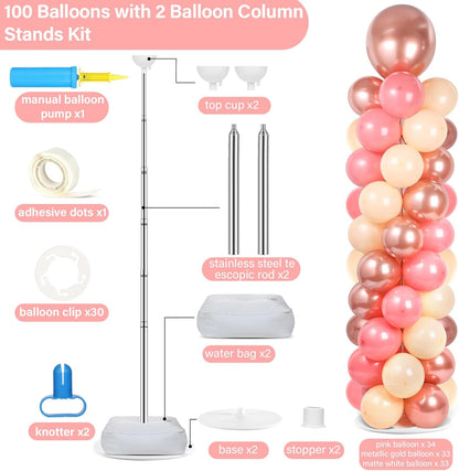 2 Set Black and Gold Balloons Column Stand Kit with 100 Balloons Adjustable Balloon Stand with Bases for Floor Black Gold Confetti Balloon Column Kit for Bridal Shower Valentine Birthday Party Decor