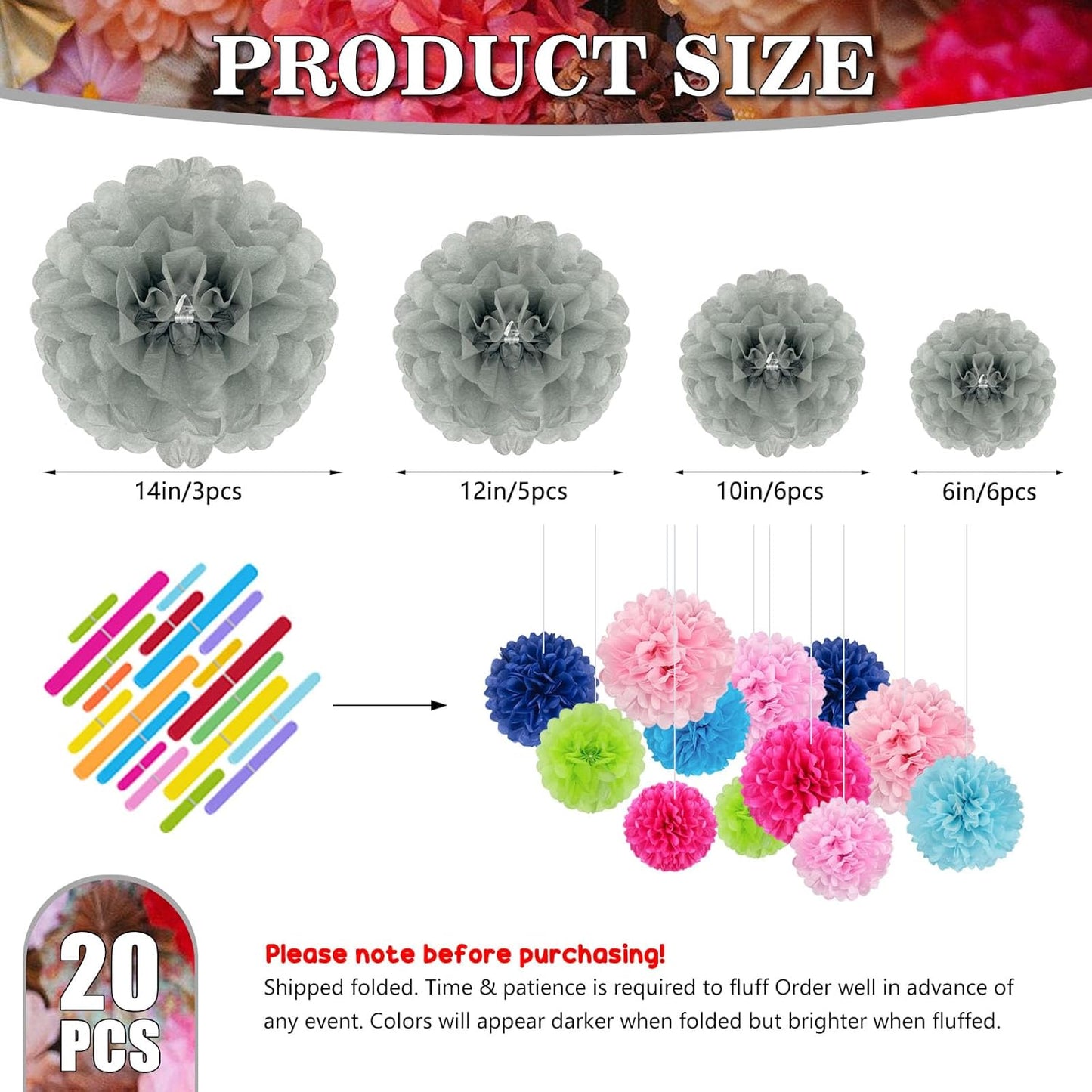 Tissue Paper Pom Poms, Pink Tissue Paper Flowers, Hanging Flower Balls for Weddings Fiesta Parties Birthday Baby Showers Classroom Bridal Shower Decoration (18Piece Set-6/10/12/14Inch)