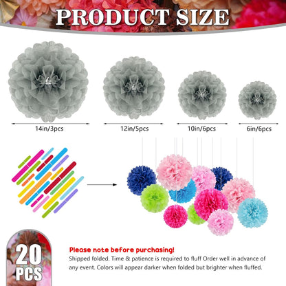 Tissue Paper Pom Poms, Pink Tissue Paper Flowers, Hanging Flower Balls for Weddings Fiesta Parties Birthday Baby Showers Classroom Bridal Shower Decoration (18Piece Set-6/10/12/14Inch)