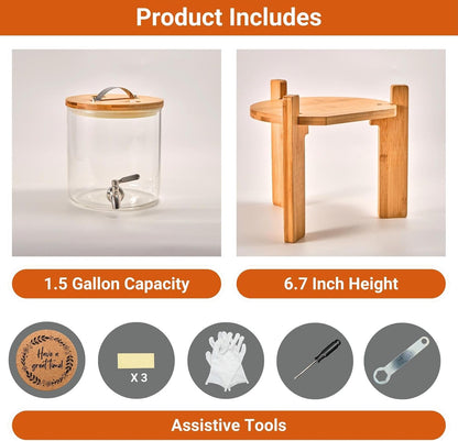 Glass Beverage Dispenser with Bamboo Stand 6.7 In and Lid, Iced 2.9 Gallon Drink Server with Spigot, Large Thick Glass Drink Dispenser for Parties, Hotels, Restaurants, Homes