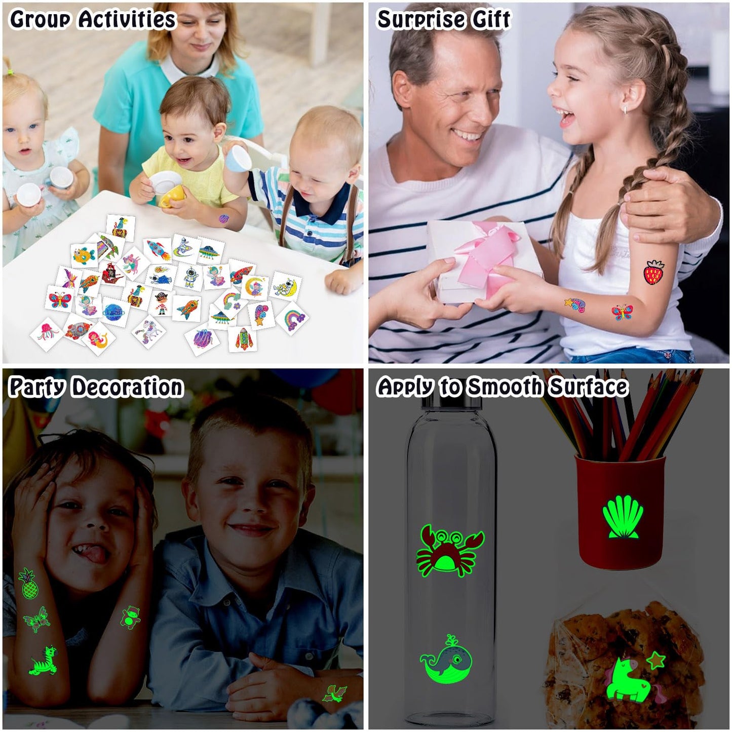 Partywind 408 PCS Temporary Tattoos for Kids, Glow and Glitter Fake Tattoo Stickers for Boys Girls Party Supplies Favors, Cute Goodie Bag Stuffers for Children (Individually Wrapped Sheet)