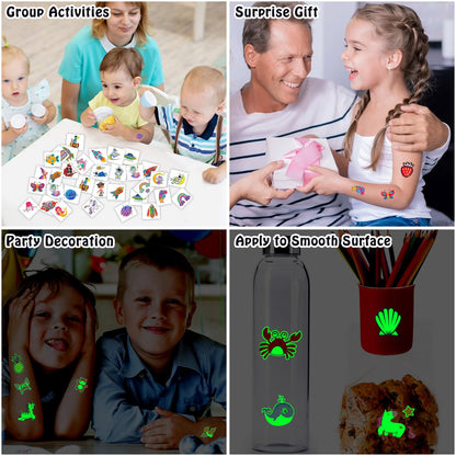 Partywind 408 PCS Temporary Tattoos for Kids, Glow and Glitter Fake Tattoo Stickers for Boys Girls Party Supplies Favors, Cute Goodie Bag Stuffers for Children (Individually Wrapped Sheet)