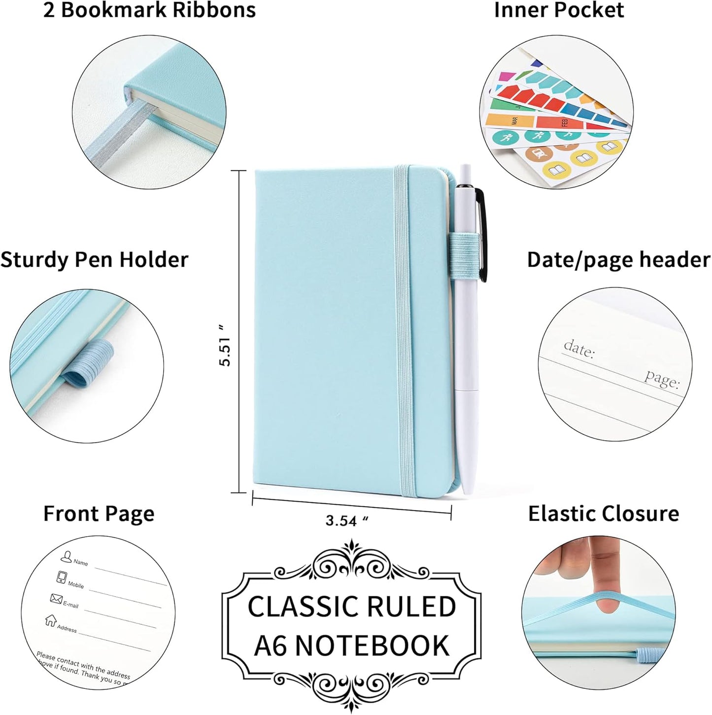 feela 6 Pack Pocket Small Notebooks Bulk, Mini Cute Memo Notepads Hardcover College Ruled Lined Journals with Pen Holder for Women Girls Office School, with 6 Black Pens, 3.5”x 5.5”, A6, Rose Pink