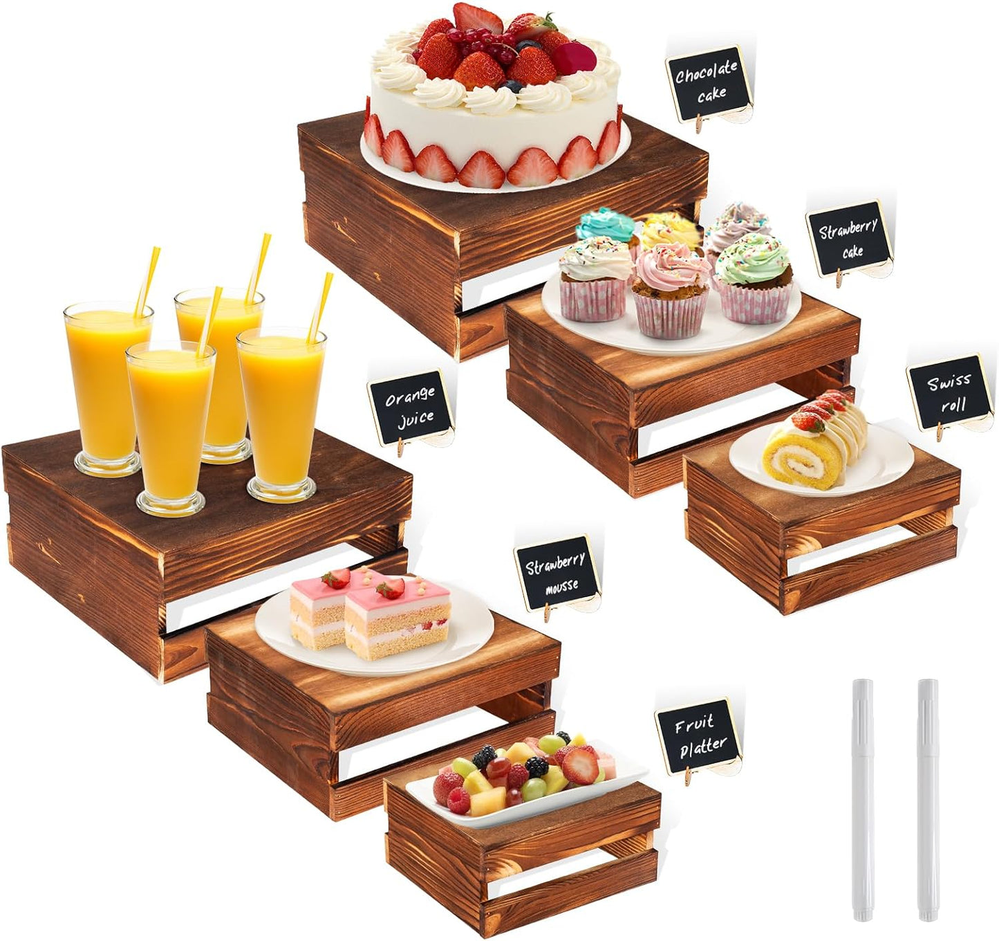 8 Pcs Buffet Risers with Mini Signs, Rustic Wood Cake Stands, Food Risers for Buffet Table, Dessert Display Stand, Wood Crates, Rustic Cake Stand for Party, Wedding, Birthday, Baby Shower, 4 Sizes
