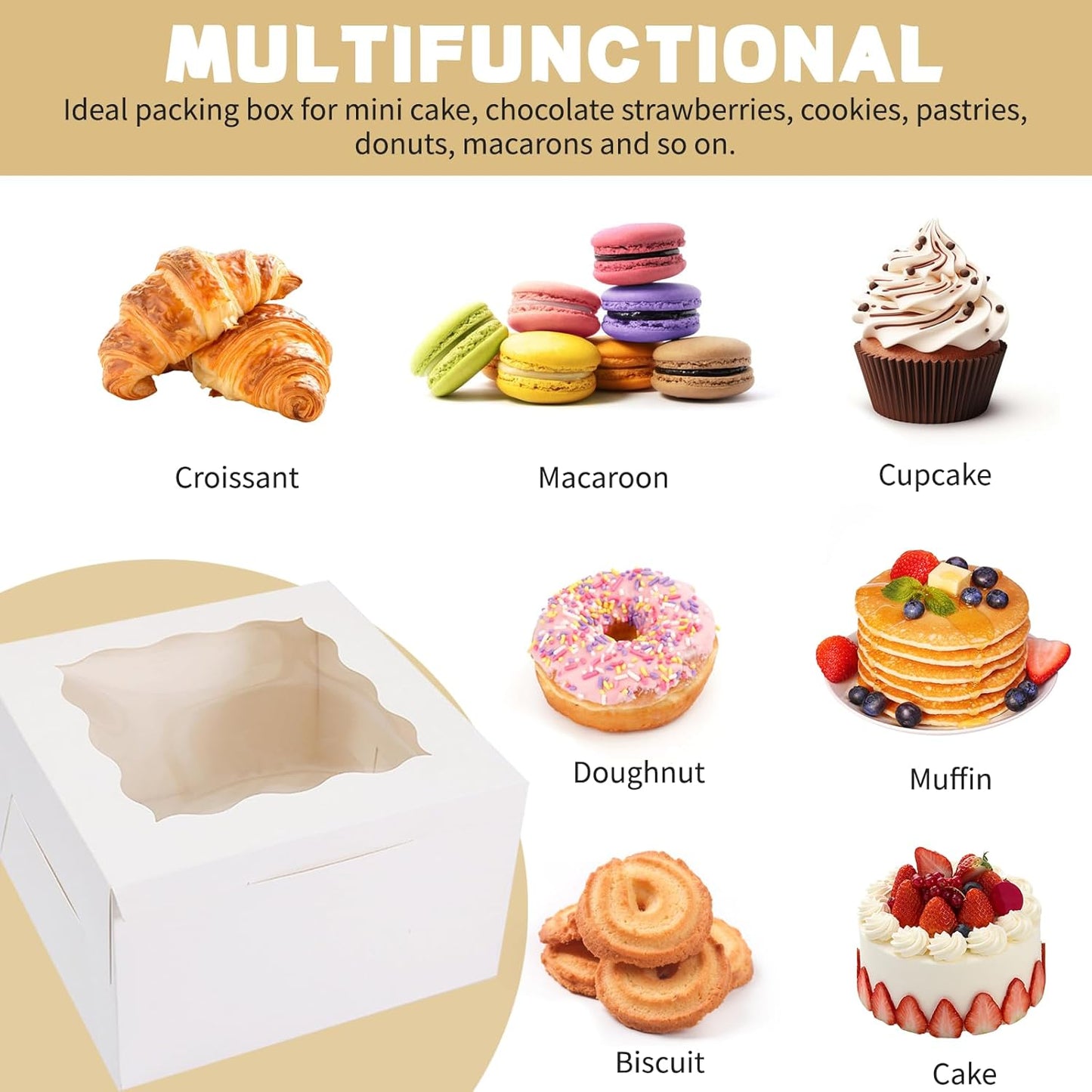 30pcs Cookie Boxes with Window, 6x6x3 Inches White Bakery Boxes, 36 Pcs Stickers,for Small Cookies, Treats, Candy, Desserts, Chocolate Covered Strawberries,Mini Cake Boxes