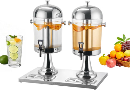 VEVOR Beverage Dispenser, 2.1 Gallon x 2 Drink Dispenser for Parties, Stainless Steel + Plastic Juice Dispensers with Spigot Ice Chamber Tray, Iced Tea Lemonade Dispensers, for Restaurants, Hotels