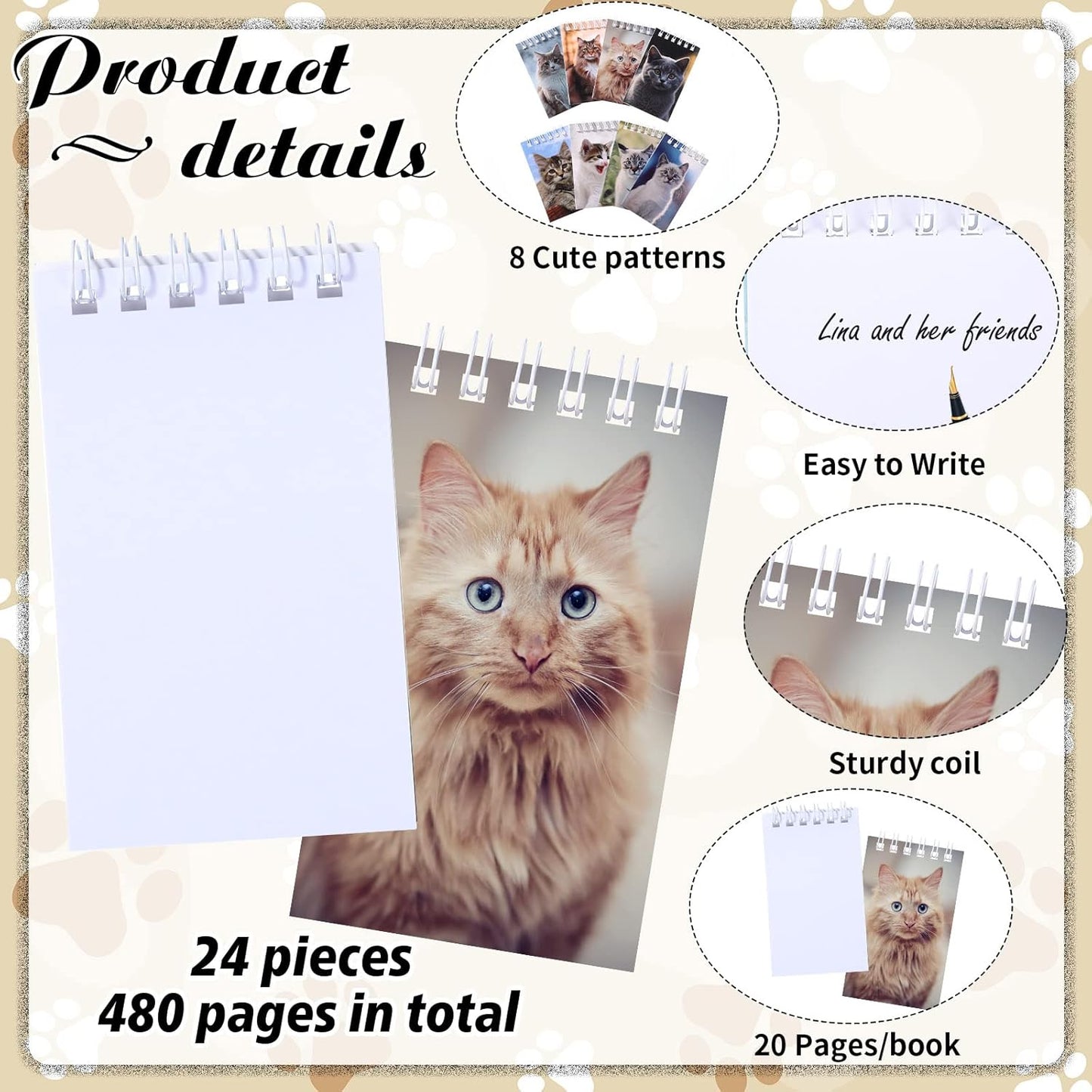 Teling 24 Pcs Cute Cat Party Favors Cat Mini Notepads Spiral Pocket Notebook Small Kitten Notepads for Party Decoration Rewards Office Travel Supplies, 2.4 x 3.9 Inches