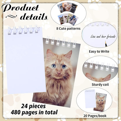 Teling 24 Pcs Cute Cat Party Favors Cat Mini Notepads Spiral Pocket Notebook Small Kitten Notepads for Party Decoration Rewards Office Travel Supplies, 2.4 x 3.9 Inches