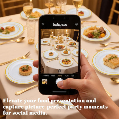 WELLIFE 350-Piece Gold Disposable Plates and Cutlery Set - Premium 10.25" Dinner Plates, 7.5" Dessert Plates, 9oz Cups & Cutlery for Weddings, Catering Events - 50 Guest Service - Elegant & Sturdy