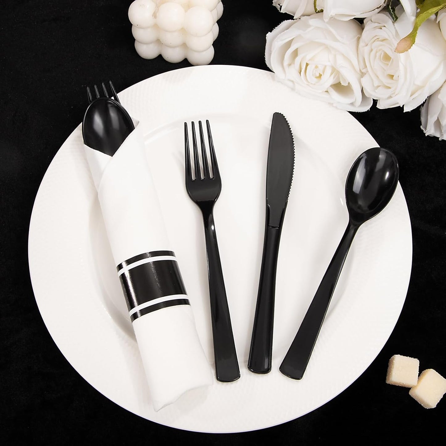 Supernal 240 Silver Plastic Silverware Set - 60 Sets Pre Rolled Napkins with Cutlery - Mirror Polished Real Look Disposable Silver Utensils- Elegant Heavy Duty Flatware for Weddings & Catering