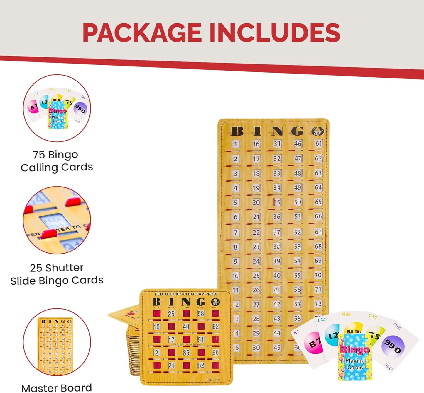 MR CHIPS Jam-Proof Bingo Cards with Sliding Windows, 25 Reusable Shutter Cards, 75 Calling Cards 1 Master Board in Tan Woodgrain Style