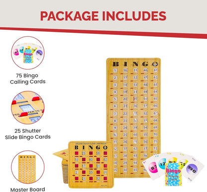 MR CHIPS Jam-Proof Bingo Cards with Sliding Windows, 25 Reusable Shutter Cards, 75 Calling Cards 1 Master Board in Tan Woodgrain Style