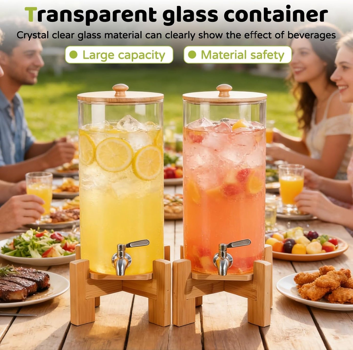 MOBYKE 2 PCS 1.1 Gallon Drink dispenser, Large Water Glass Beverage Dispenser With Wood Stand for Parties With Stainless Steel Spigot, Ideal for Lemonade,Juice, Tea, and Party Drinks
