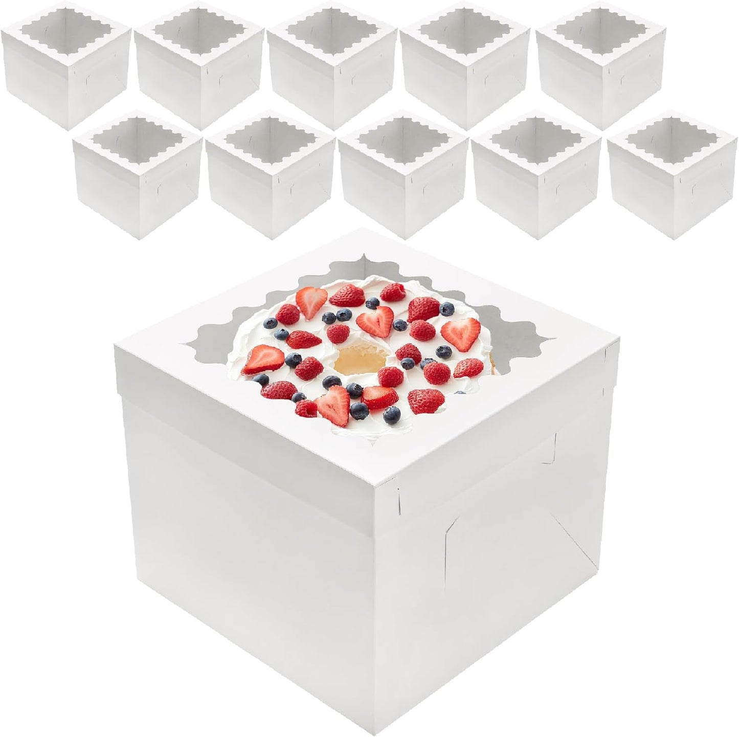 10pcs Cake Boxes 12 Inch, 12x12x8in White Bakery Boxes with Window,10in 12in Cake Boxes, Large Baking Boxes,Disposable Cake Containers with Lids