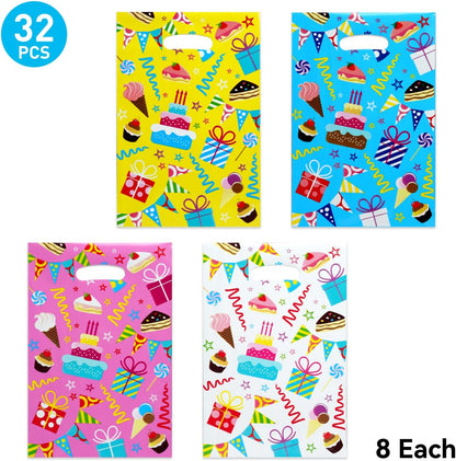 SUNCOLOR Birthday Party Favor Bags, 32 Pack Goodie Bags with Handles, 9.8 x6.7 inches, Pink Blue Yellow White Gift Bags for Kids Parties, Celebrations