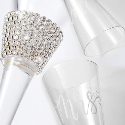 Wedding Cake Knife and Server Set, Bride and Groom Champagne Glasses and Gold Cake Cutting Set for Wedding, Cake Cutter and Champagne Flutes Glass for Mr and Mrs Gifts for Coples (Gold)