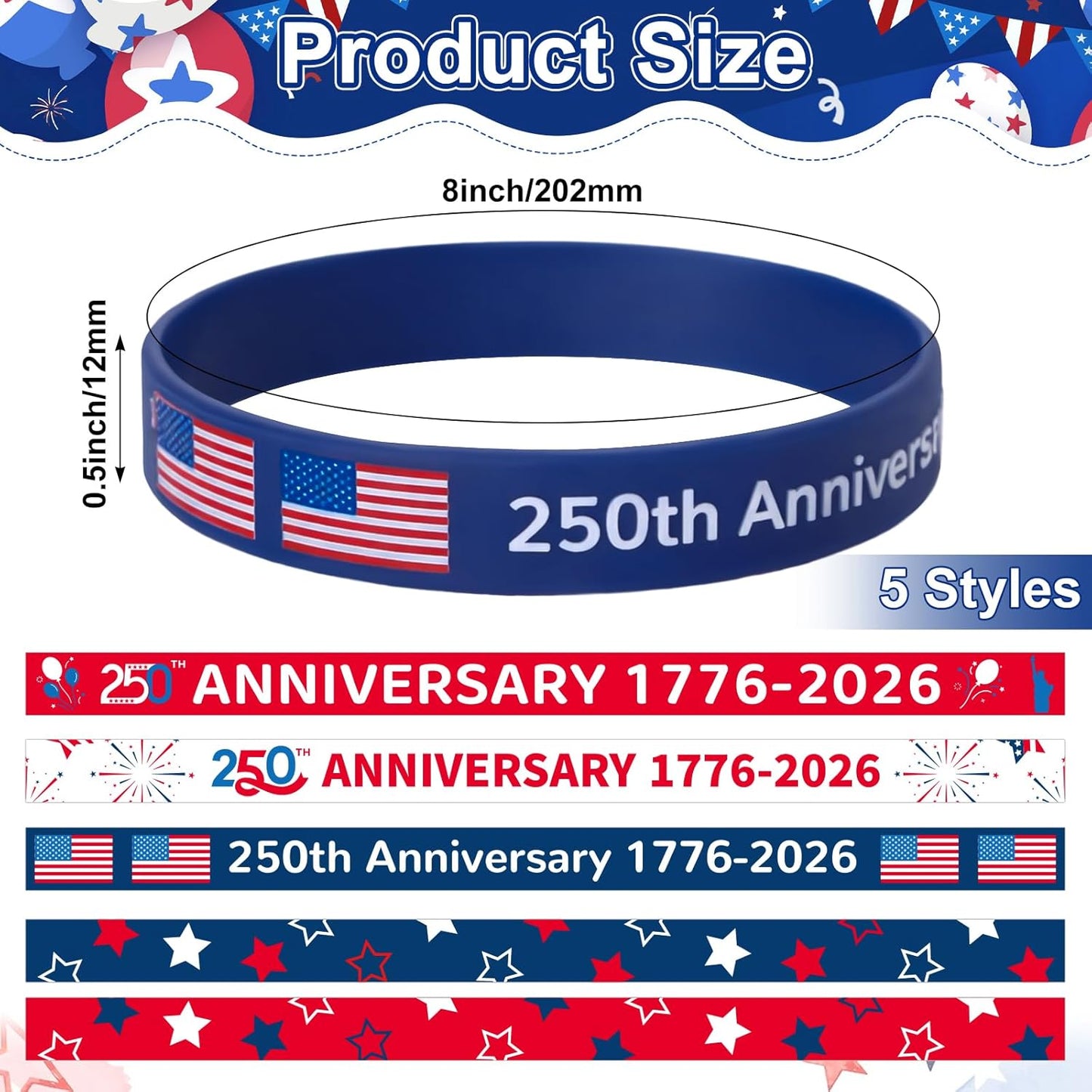 Kenning 50/100/200 Pcs 250th Anniversary Silicone Bracelets Bulk USA 4th of July Patriotic Wristband 1776-2026 American Flag Rubber Bracelet for Independence Day Party Favors Souvenirs(100 Pcs)