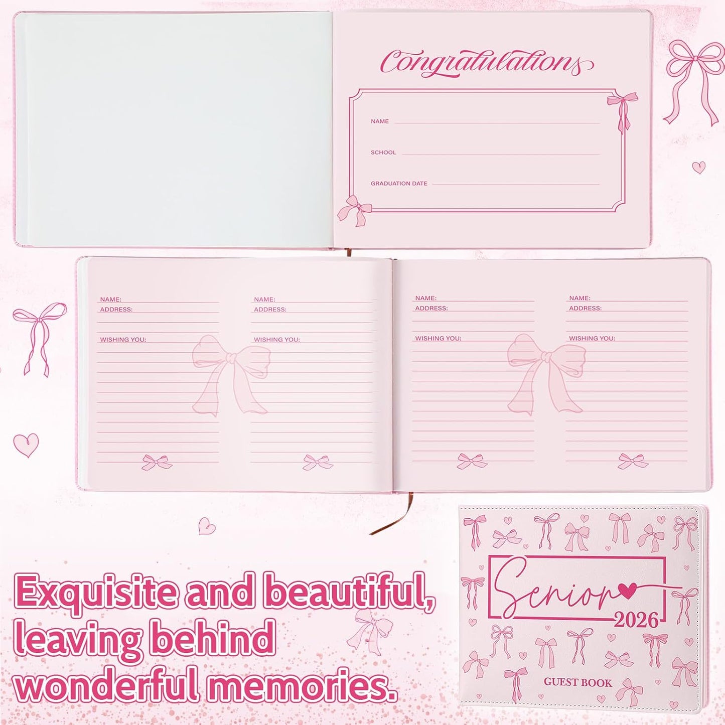 Patelai Pink Bow Graduation Guest Book Class of 2026 Party Decorations Leather Graduation Guest Signature Party Sign Gift with Pen, 112 Pages (Congrats Grad)
