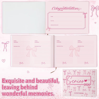 Patelai Pink Bow Graduation Guest Book Class of 2026 Party Decorations Leather Graduation Guest Signature Party Sign Gift with Pen, 112 Pages (Congrats Grad)