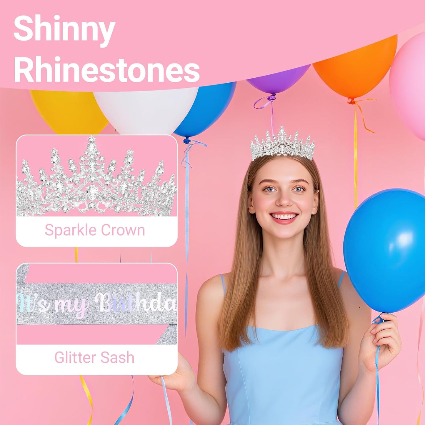 Birthday Tiara and Crown with Sash, Birthday Tiara for Women Party Silver