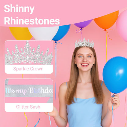 Birthday Tiara and Crown with Sash, Birthday Tiara for Women Party Silver