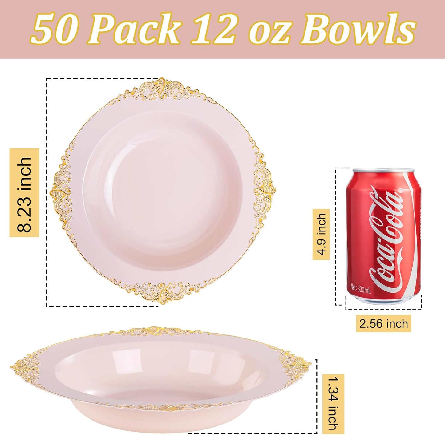 Nervure 50 Pack White Plastic Bowls with Gold Rim - 12oz Disposable Soup Bowls - Heavy Duty Dessert Bowl, Salad Bowl Perfect for Weddings, Parties, Mothers Day