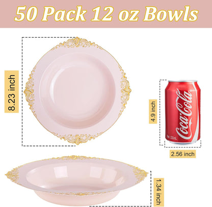 Nervure 50 Pack White Plastic Bowls with Gold Rim - 12oz Disposable Soup Bowls - Heavy Duty Dessert Bowl, Salad Bowl Perfect for Weddings, Parties, Mothers Day