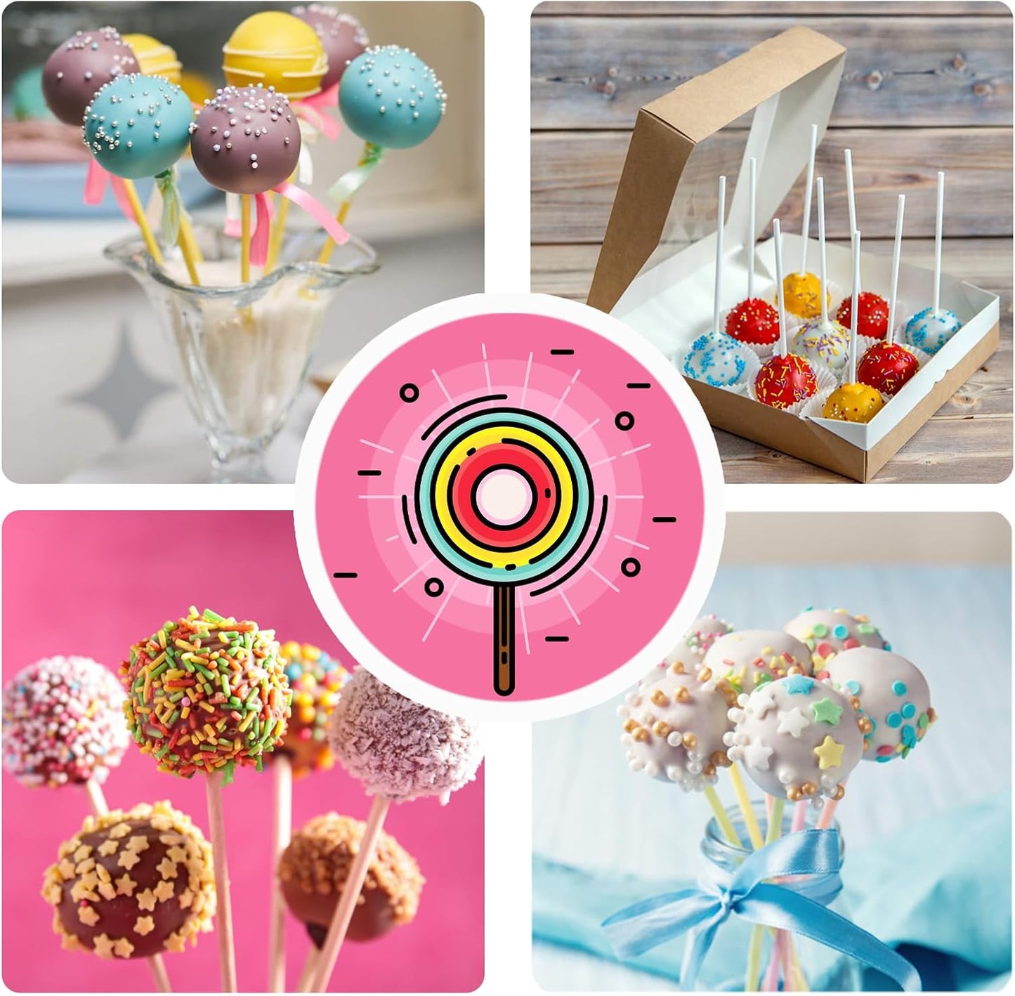 300 PCS Cake Pop Sticks and Wrappers Kit, Including 100ct 4-inch Papery Lollipop Treat Sticks, 100ct Clear Parcel Bags, 100ct Colorful Twist Ties for Cake Pops, Chocolates and Cookies