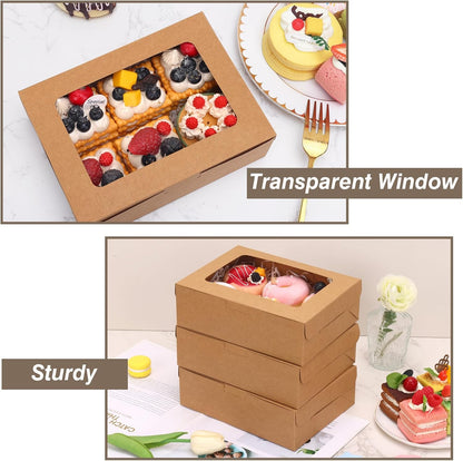 TOMNK 12pcs 8x6x2.5 Inches Brown Bakery Boxes with Window, Cookie Boxes for Chocolate Strawberries, Donuts, Cupcakes, Muffins and Dessert