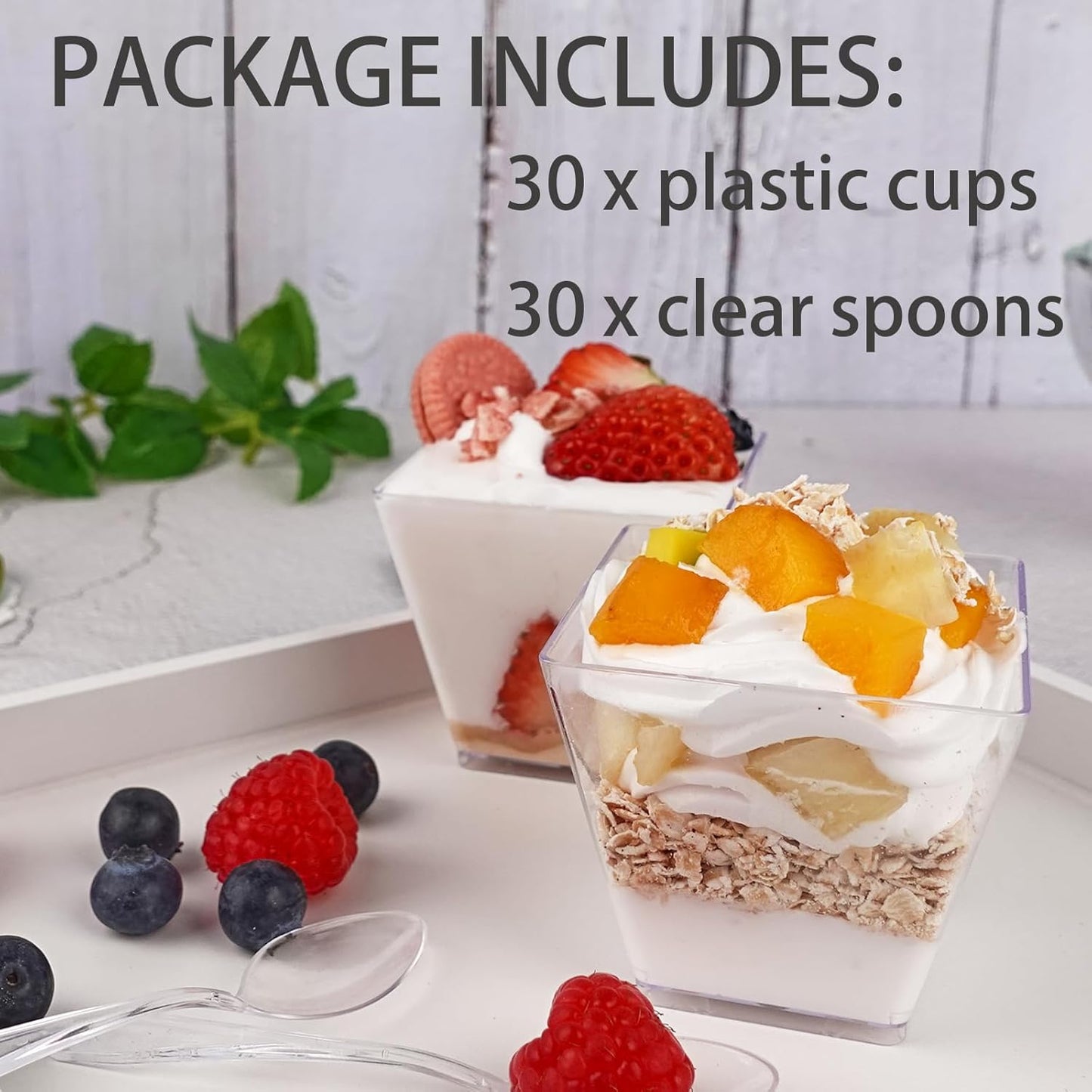 50 Pack 3.5 oz Square Dessert Cups with Spoons, Mini Plastic Parfait Appetizer Cups, Clear Reusable Small Shooter Cups, Serving Bowls for Tasting Party Samples Dessert Shot Glasses