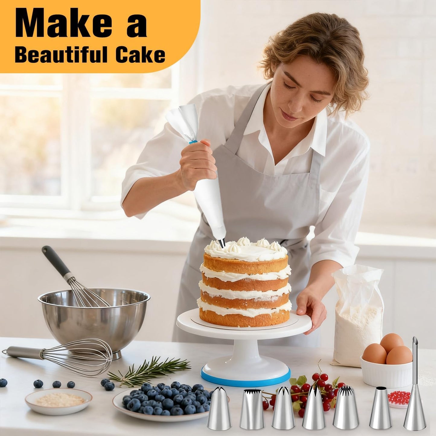 Piping Bags and Tips Set – 2 Reusable Piping Bags, 7 Piping Tips, Couplers & Cleaning Brush, Heavy-Duty Leak-Proof Cake Decorating Kit for Beginners & Professional Bakers (14pcs)