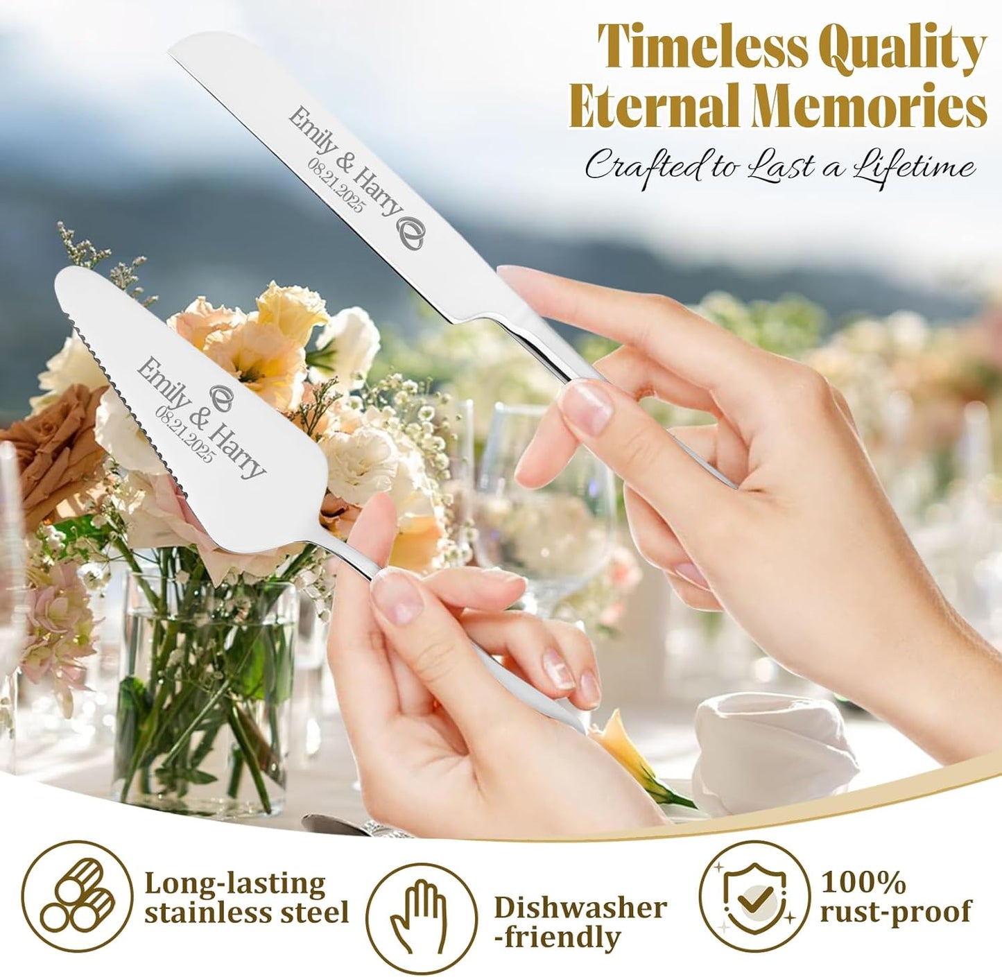 Personalized 4 Piece Cake Cutting Set for Wedding - Custom Cake Knife and Server Set with Forks, Cake Cutter Set Ideal for Wedding Anniversary Bridal Gifts (Silver)