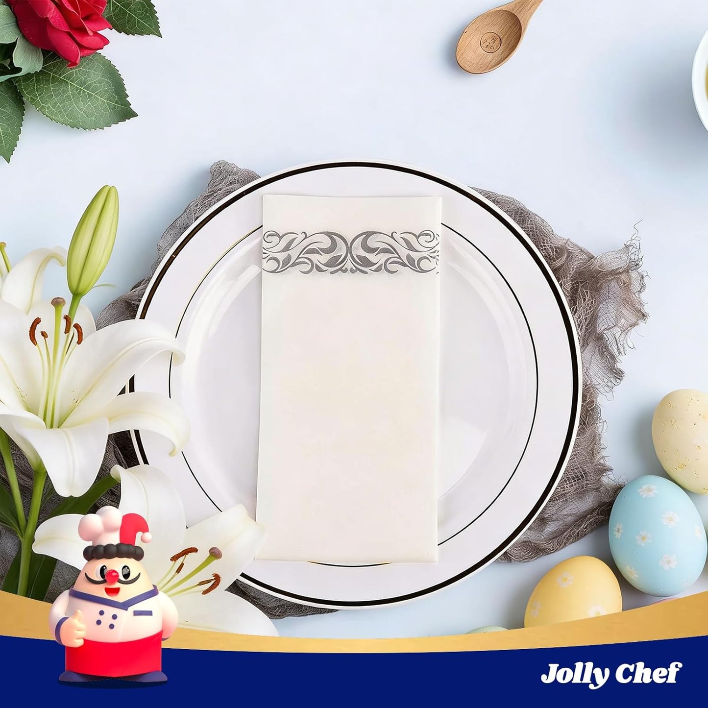 JOLLY CHEF 100 Disposable Hand Towels, Soft and Absorbent Linen Feel Dinner Napkin, Elegant Decorative Paper Guest Towels for Kitchen, Bathroom,Thanksgiving, Weddings,Parties, Gold and White