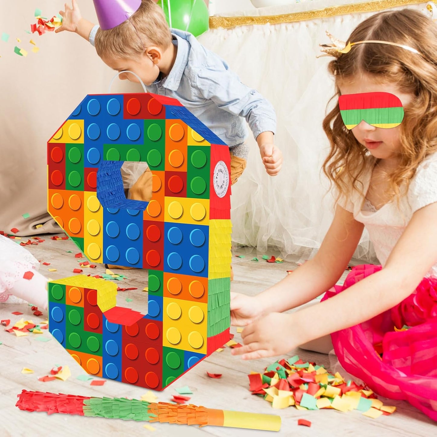 Number 7 Pinata Building Blocks with Pinata Stick Blindfold 7th Birthday Party Decorations Happy Birthday Building Block Theme Anniversary Party Supplies for Kids (Small, 16 x 10.6 x 3 in)