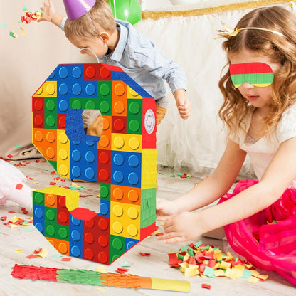 Number 7 Pinata Building Blocks with Pinata Stick Blindfold 7th Birthday Party Decorations Happy Birthday Building Block Theme Anniversary Party Supplies for Kids (Small, 16 x 10.6 x 3 in)