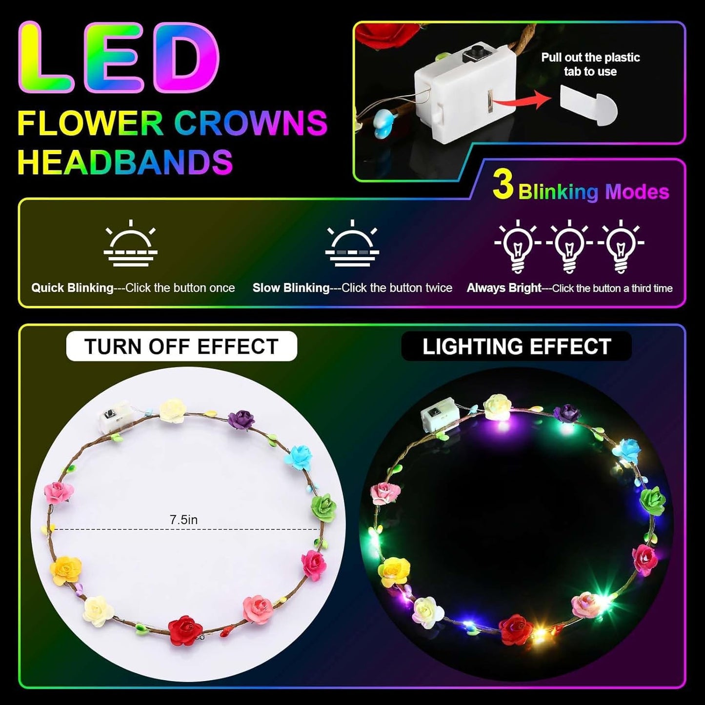 HONLYNE 24 PCS LED Flower Crowns Headbands, Light Up Flower Crowns for Women & Girls, Glow in The Dark Flower Hairbands Wreath for Wedding Beach Party Birthday Cosplay Gifts, Halloween, Christmas