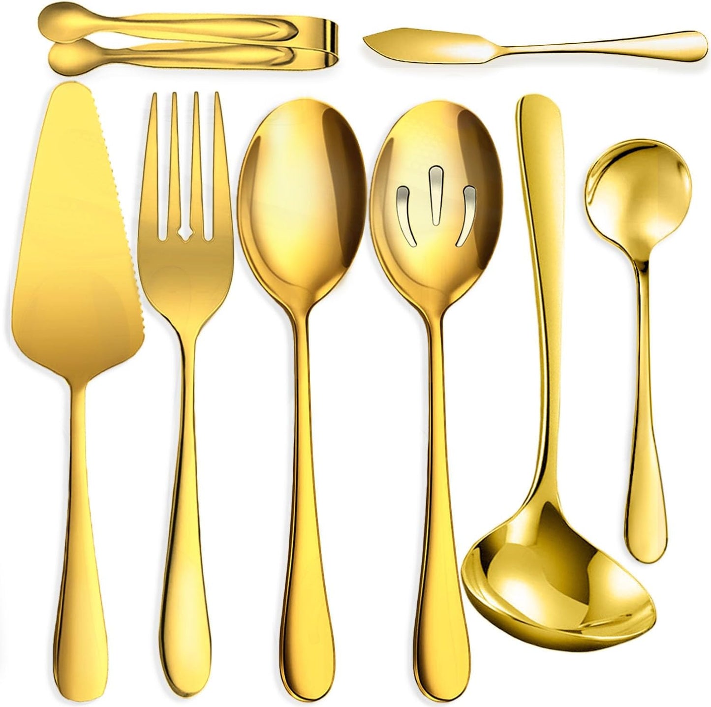 8 PCS Stainless Steel Serving Utensils, Large Serving Spoons Slotted Spoons, Forks, Ice Suger Tongs, Cake Server, Soup Ladle, Metal Utensils Set Great for Buffet Catering Banquet Party, Gold