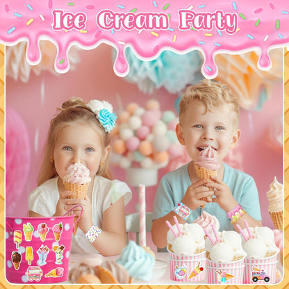 84 PCS Ice Cream Party Favors, 24 PCS Slap Bracelets & 60 PCS Stickers Ice Cream Birthday Party Decorations Supplies Gifts for Kids Classroom Rewards