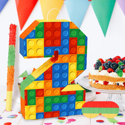 Number 7 Pinata Building Blocks with Pinata Stick Blindfold 7th Birthday Party Decorations Happy Birthday Building Block Theme Anniversary Party Supplies for Kids (Small, 16 x 10.6 x 3 in)