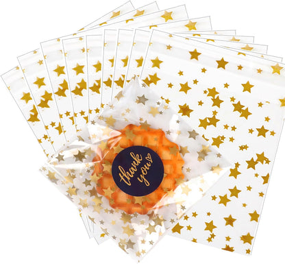 100 Pcs Star Printed 5"X 7" Gift Wrap Cello Cellophane Treat Bags Party Favor bags Clear Candy Cookie Bag Plastic Poly Goodie Storage Bag with Twist Ties for Bakery,Birthday, Wedding ,Party Decorations (Gold)