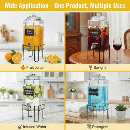 2 Gallon Glass Drink Dispenser, Drink Dispensers for Parties, Beverage Dispenser with Stand and Glass Lid, 100% Leakproof Spigot, Ideal for Lemonade, Juice, Laundry Detergent Dispenser