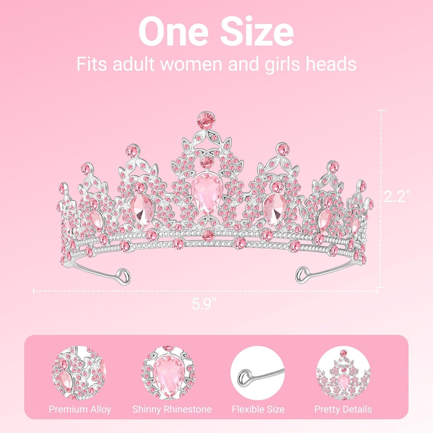 Tiara Crown for Women, Headband Hair Accessories for Birthday Wedding Party Costume Pink