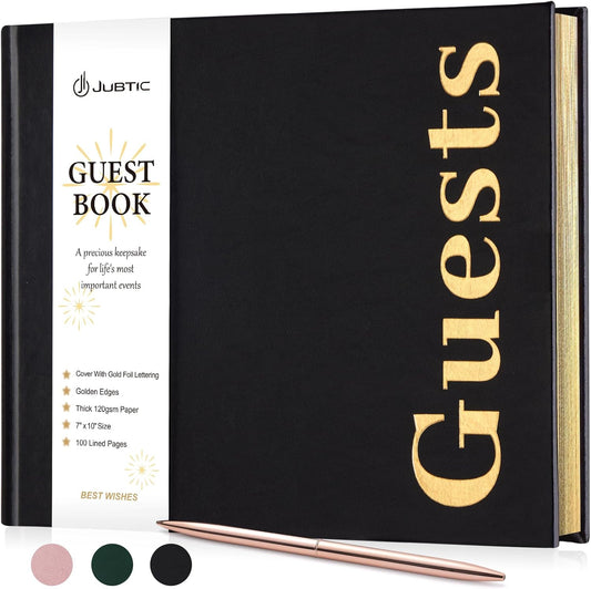JUBTIC Guest Book: Premuim Keepsake for Life's Special Events - Sign in Book for Wedding Reception, Baby Shower, Funeral and Birthday Party - 100 Pages, Leather's Cover, Gold Foil (Black, 7" x10″)
