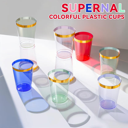 supernal 100pcs Gold Plastic Cups 12 oz, Glitter Clear Disposable Cups Heavy Duty, Fancy Plastic Cocktail Tumblers for Wedding, Parties Champagne & Mixed Drinks