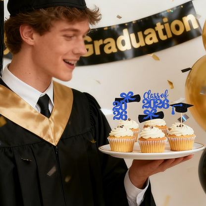 36 PCS 2026 Graduation Theme Cupcake Toppers Glitter Class of 2026 Grad Cap Diploma Cupcake Picks 2026 Graduation Theme Party Cake Decorations Supplies Deep Blue